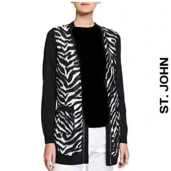 St. John Black and White Zebra Print Chain-Trim Knit Longline Cardigan Wool Silk - Picture 1 of 9